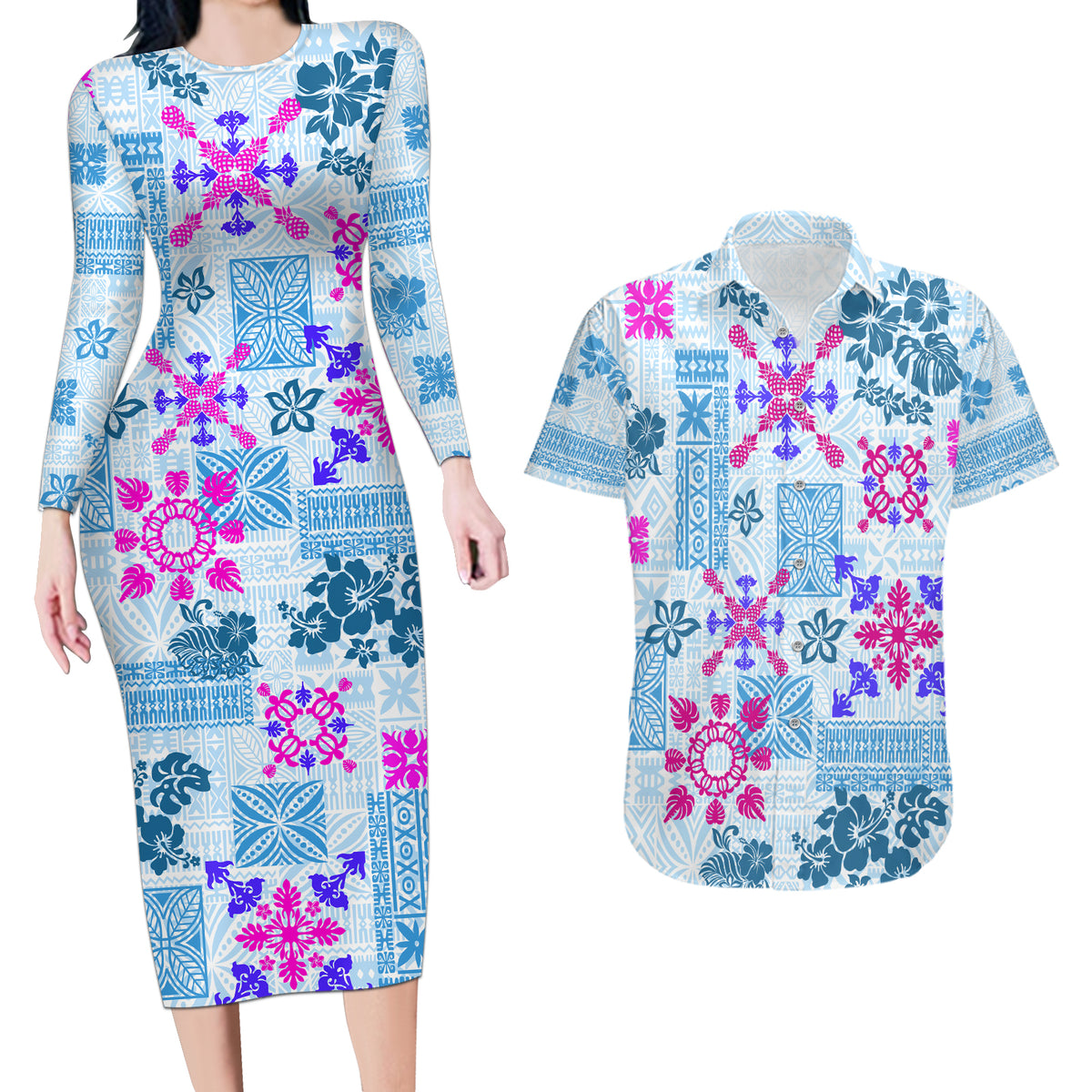 Hawaii Tapa Tribal Couples Matching Long Sleeve Bodycon Dress and Hawaiian Shirt With Hawaiian Quilt Pattern Blue LT9 - Wonder Print Shop