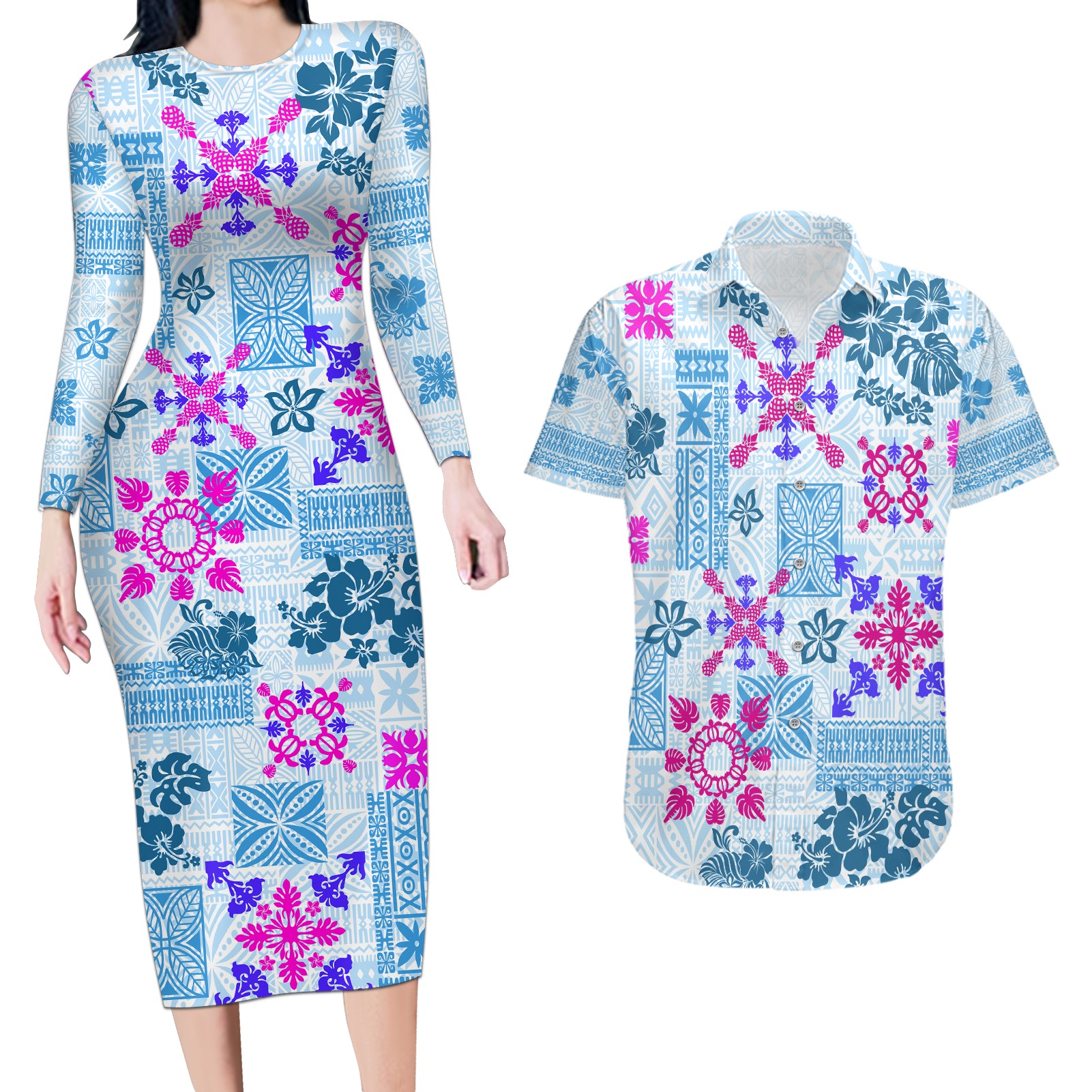 Hawaii Tapa Tribal Couples Matching Long Sleeve Bodycon Dress and Hawaiian Shirt With Hawaiian Quilt Pattern Blue LT9 - Wonder Print Shop