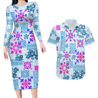 Hawaii Tapa Tribal Couples Matching Long Sleeve Bodycon Dress and Hawaiian Shirt With Hawaiian Quilt Pattern Blue LT9 - Wonder Print Shop
