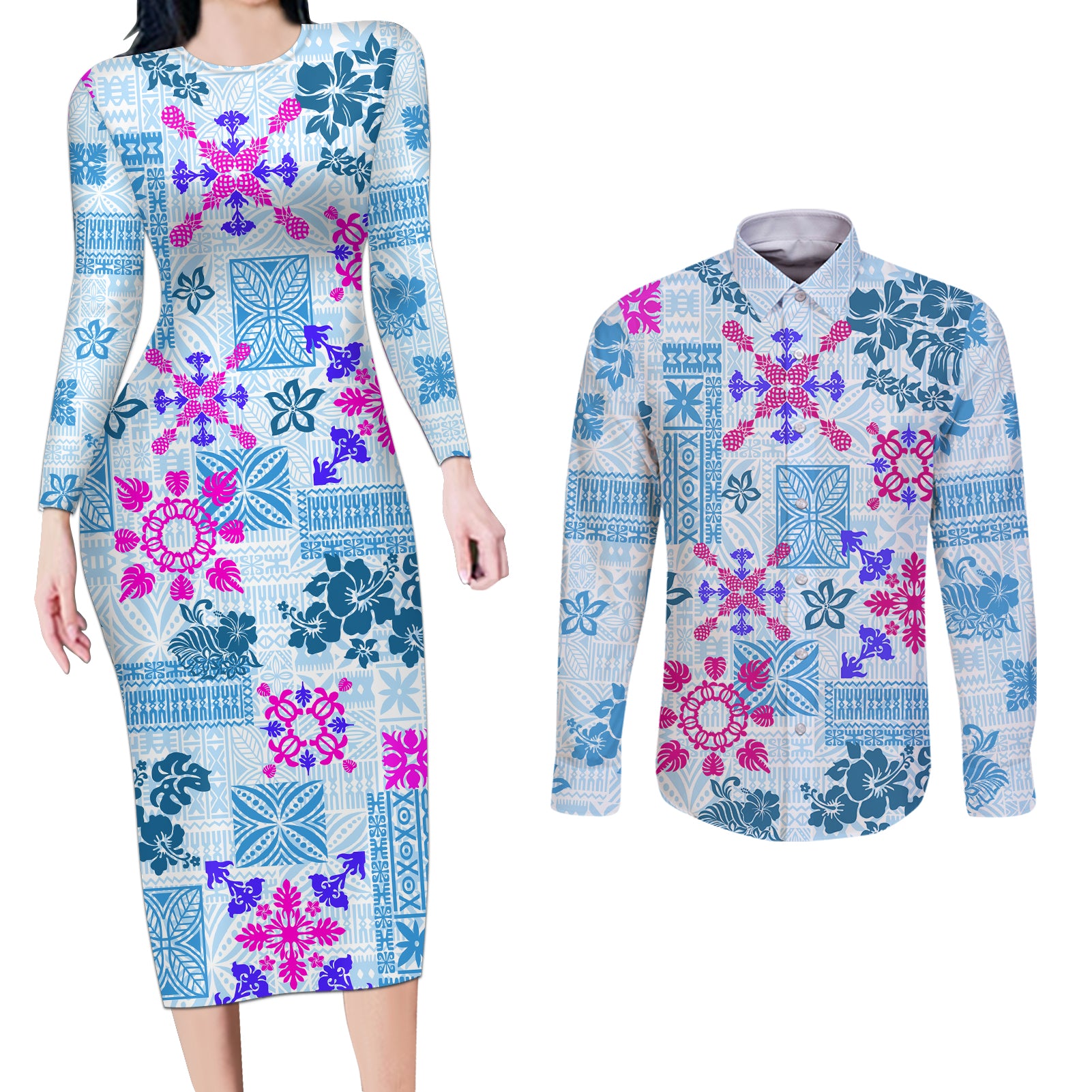 Hawaii Tapa Tribal Couples Matching Long Sleeve Bodycon Dress and Long Sleeve Button Shirt With Hawaiian Quilt Pattern Blue LT9 - Wonder Print Shop