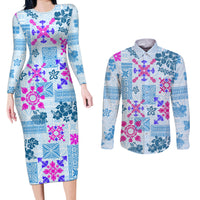 Hawaii Tapa Tribal Couples Matching Long Sleeve Bodycon Dress and Long Sleeve Button Shirt With Hawaiian Quilt Pattern Blue LT9 - Wonder Print Shop