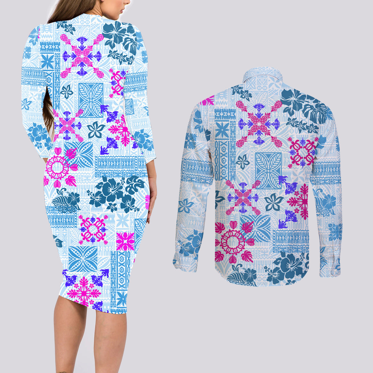 Hawaii Tapa Tribal Couples Matching Long Sleeve Bodycon Dress and Long Sleeve Button Shirt With Hawaiian Quilt Pattern Blue LT9 - Wonder Print Shop