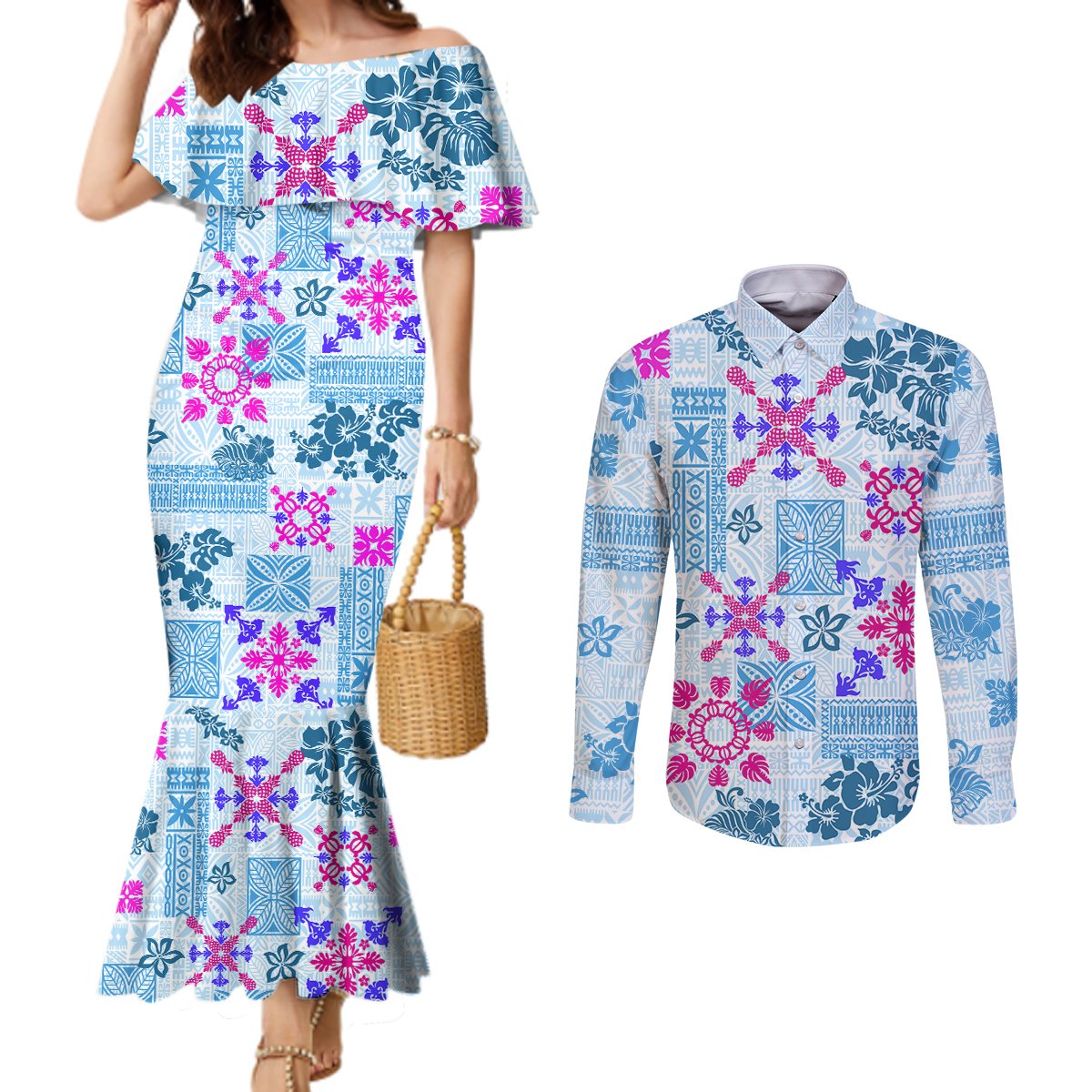 hawaii-tapa-tribal-couples-matching-mermaid-dress-and-long-sleeve-button-shirt-with-hawaiian-quilt-pattern-blue