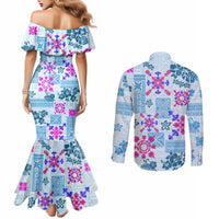 hawaii-tapa-tribal-couples-matching-mermaid-dress-and-long-sleeve-button-shirt-with-hawaiian-quilt-pattern-blue
