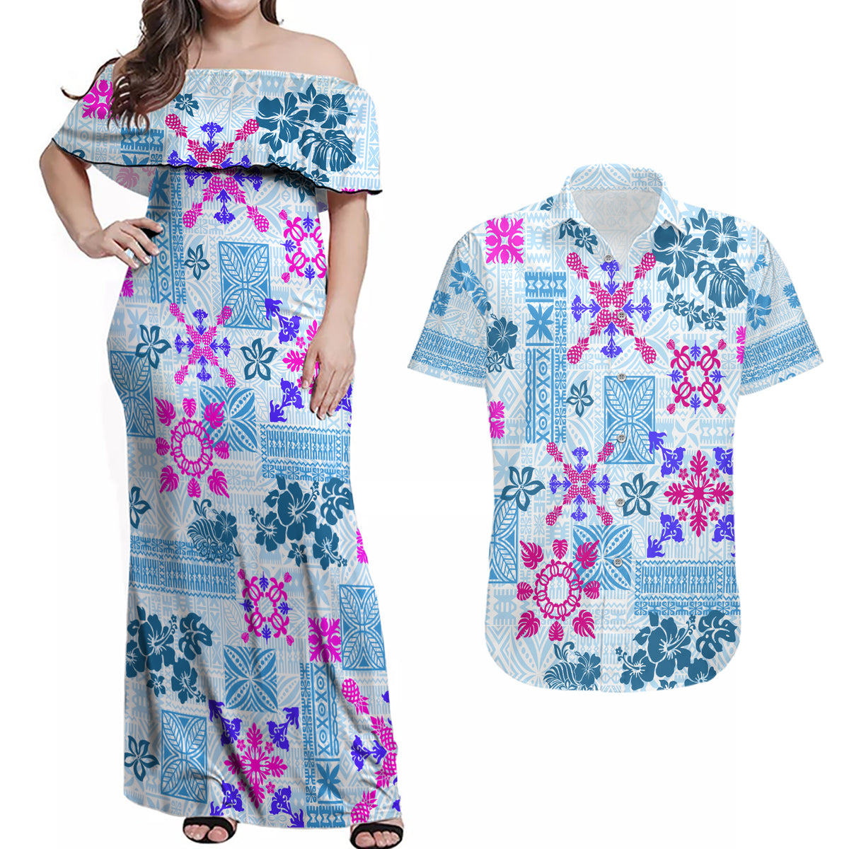 Hawaii Tapa Tribal Couples Matching Off Shoulder Maxi Dress and Hawaiian Shirt With Hawaiian Quilt Pattern Blue LT9 - Wonder Print Shop