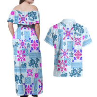 Hawaii Tapa Tribal Couples Matching Off Shoulder Maxi Dress and Hawaiian Shirt With Hawaiian Quilt Pattern Blue LT9 - Wonder Print Shop