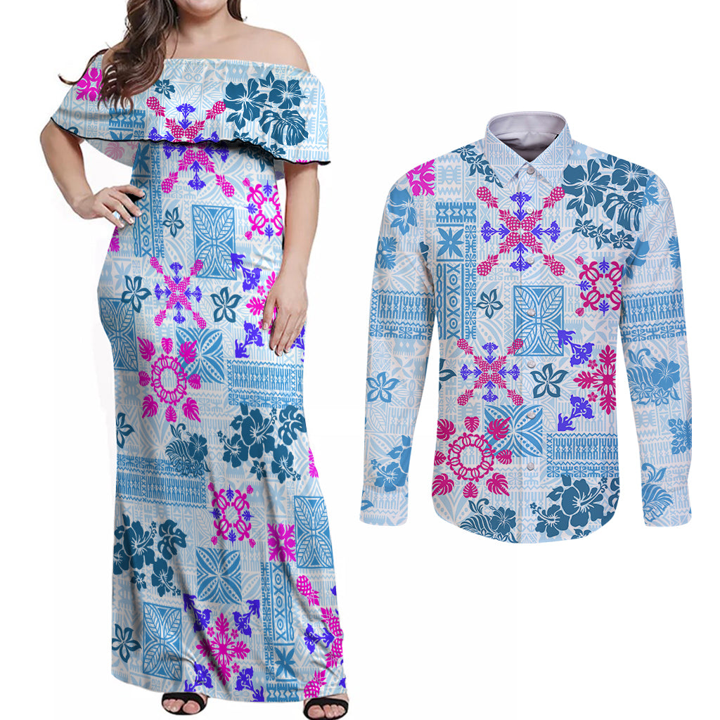 Hawaii Tapa Tribal Couples Matching Off Shoulder Maxi Dress and Long Sleeve Button Shirt With Hawaiian Quilt Pattern Blue LT9 - Wonder Print Shop
