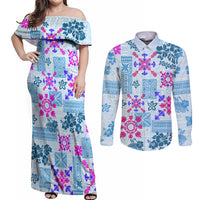 Hawaii Tapa Tribal Couples Matching Off Shoulder Maxi Dress and Long Sleeve Button Shirt With Hawaiian Quilt Pattern Blue LT9 - Wonder Print Shop