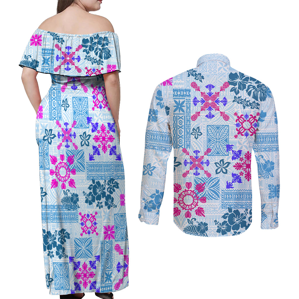 Hawaii Tapa Tribal Couples Matching Off Shoulder Maxi Dress and Long Sleeve Button Shirt With Hawaiian Quilt Pattern Blue LT9 - Wonder Print Shop