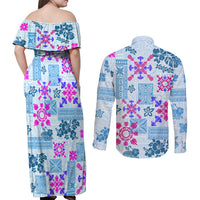 Hawaii Tapa Tribal Couples Matching Off Shoulder Maxi Dress and Long Sleeve Button Shirt With Hawaiian Quilt Pattern Blue LT9 - Wonder Print Shop