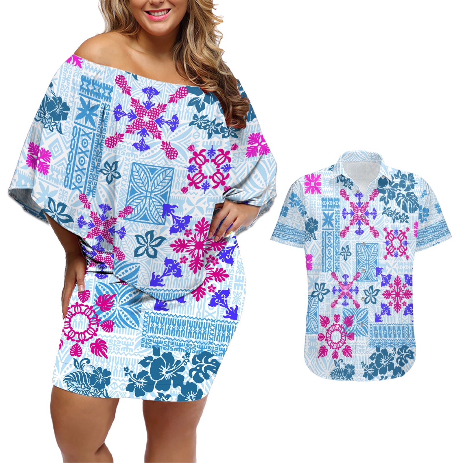 Hawaii Tapa Tribal Couples Matching Off Shoulder Short Dress and Hawaiian Shirt With Hawaiian Quilt Pattern Blue LT9 - Wonder Print Shop