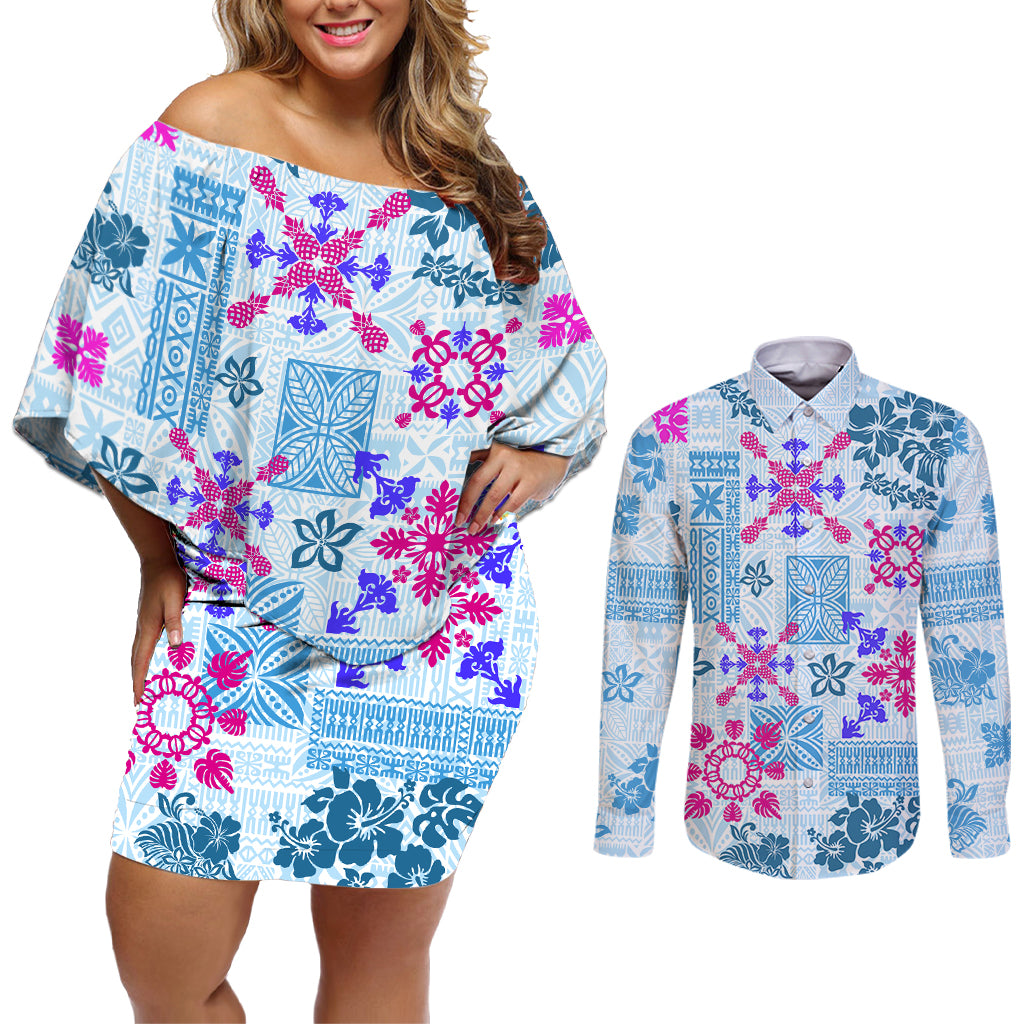 Hawaii Tapa Tribal Couples Matching Off Shoulder Short Dress and Long Sleeve Button Shirt With Hawaiian Quilt Pattern Blue LT9 - Wonder Print Shop