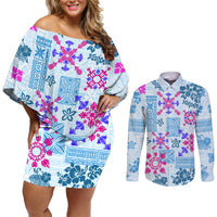 Hawaii Tapa Tribal Couples Matching Off Shoulder Short Dress and Long Sleeve Button Shirt With Hawaiian Quilt Pattern Blue LT9 - Wonder Print Shop