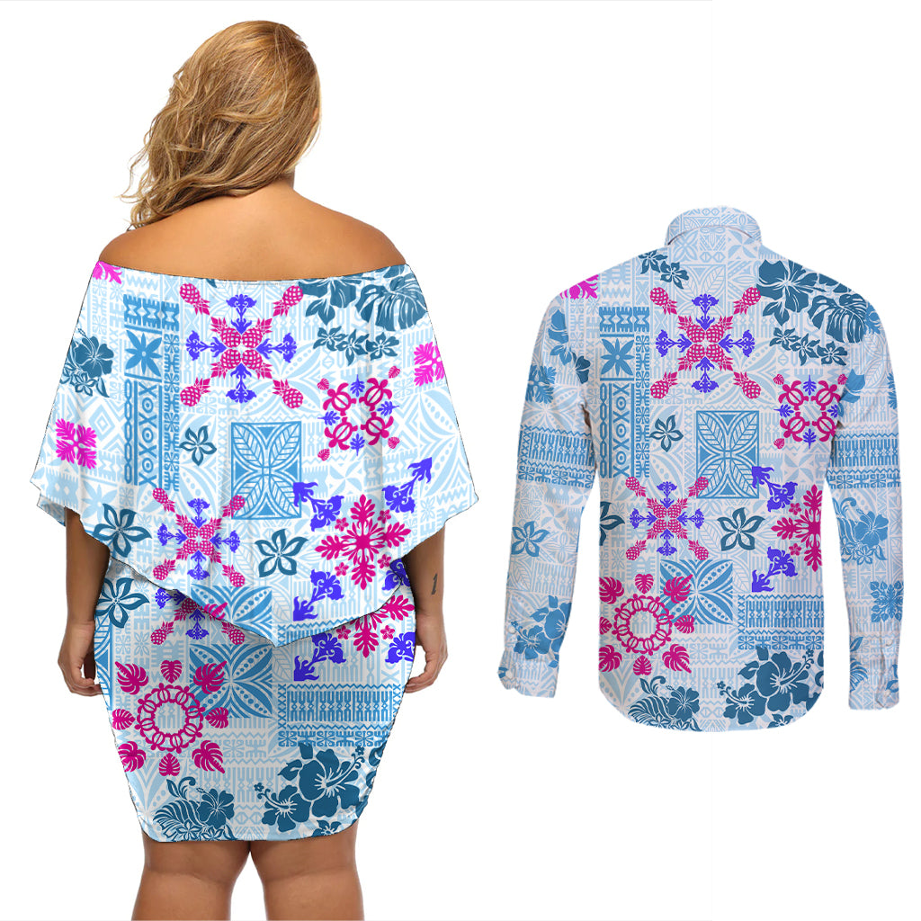 Hawaii Tapa Tribal Couples Matching Off Shoulder Short Dress and Long Sleeve Button Shirt With Hawaiian Quilt Pattern Blue LT9 - Wonder Print Shop