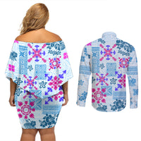 Hawaii Tapa Tribal Couples Matching Off Shoulder Short Dress and Long Sleeve Button Shirt With Hawaiian Quilt Pattern Blue LT9 - Wonder Print Shop