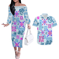 Hawaii Tapa Tribal Couples Matching Off The Shoulder Long Sleeve Dress and Hawaiian Shirt With Hawaiian Quilt Pattern Blue LT9 - Wonder Print Shop