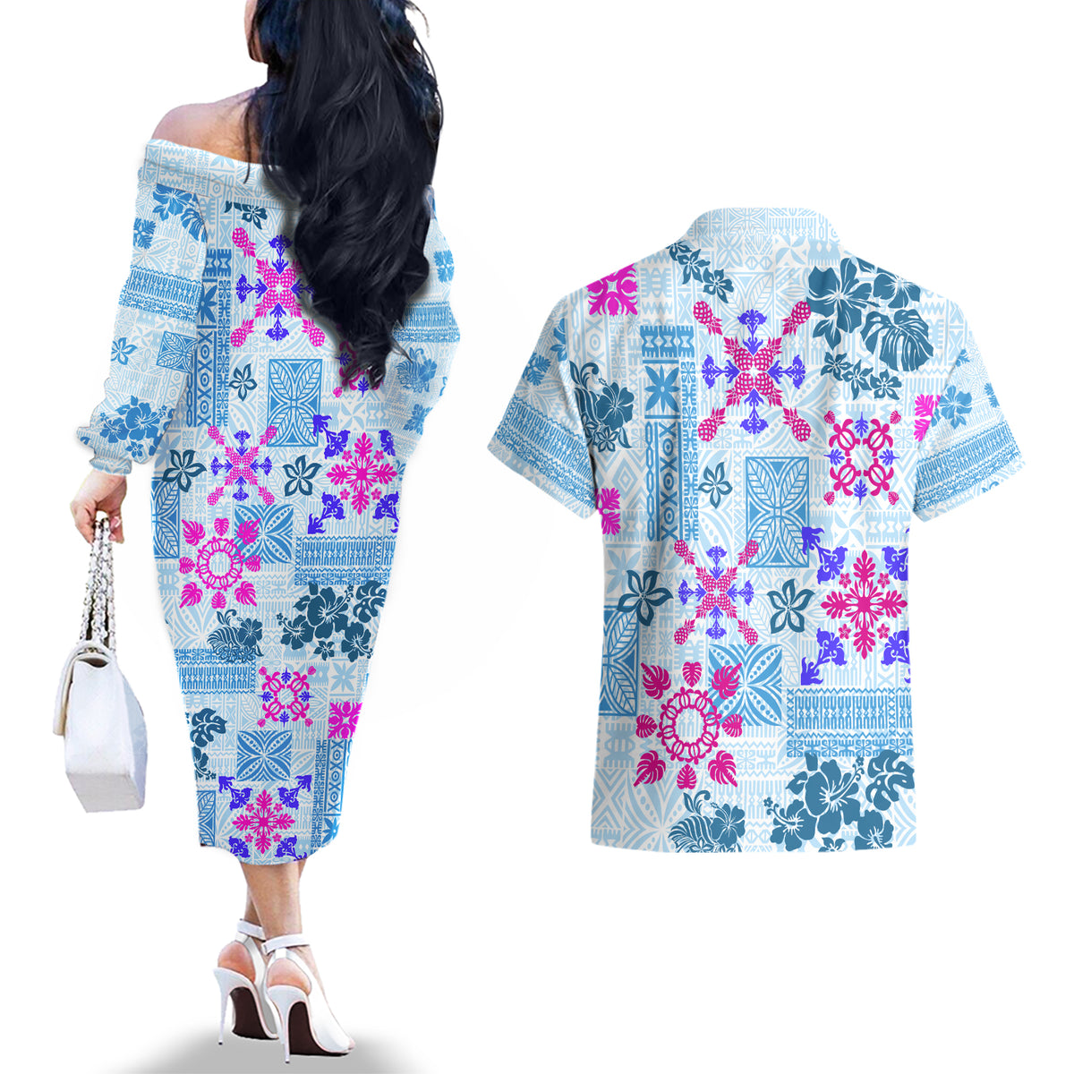 Hawaii Tapa Tribal Couples Matching Off The Shoulder Long Sleeve Dress and Hawaiian Shirt With Hawaiian Quilt Pattern Blue LT9 - Wonder Print Shop