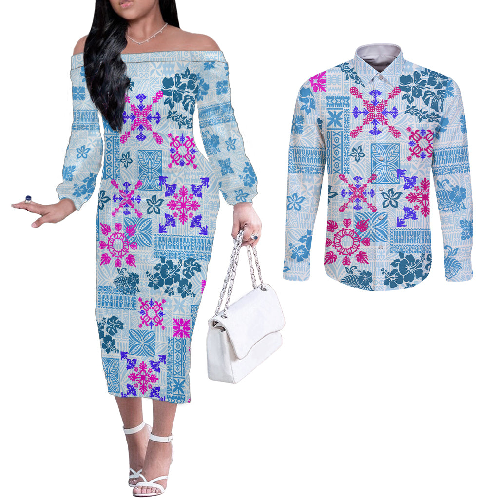 hawaii-tapa-tribal-couples-matching-off-the-shoulder-long-sleeve-dress-and-long-sleeve-button-shirt-with-hawaiian-quilt-pattern-blue