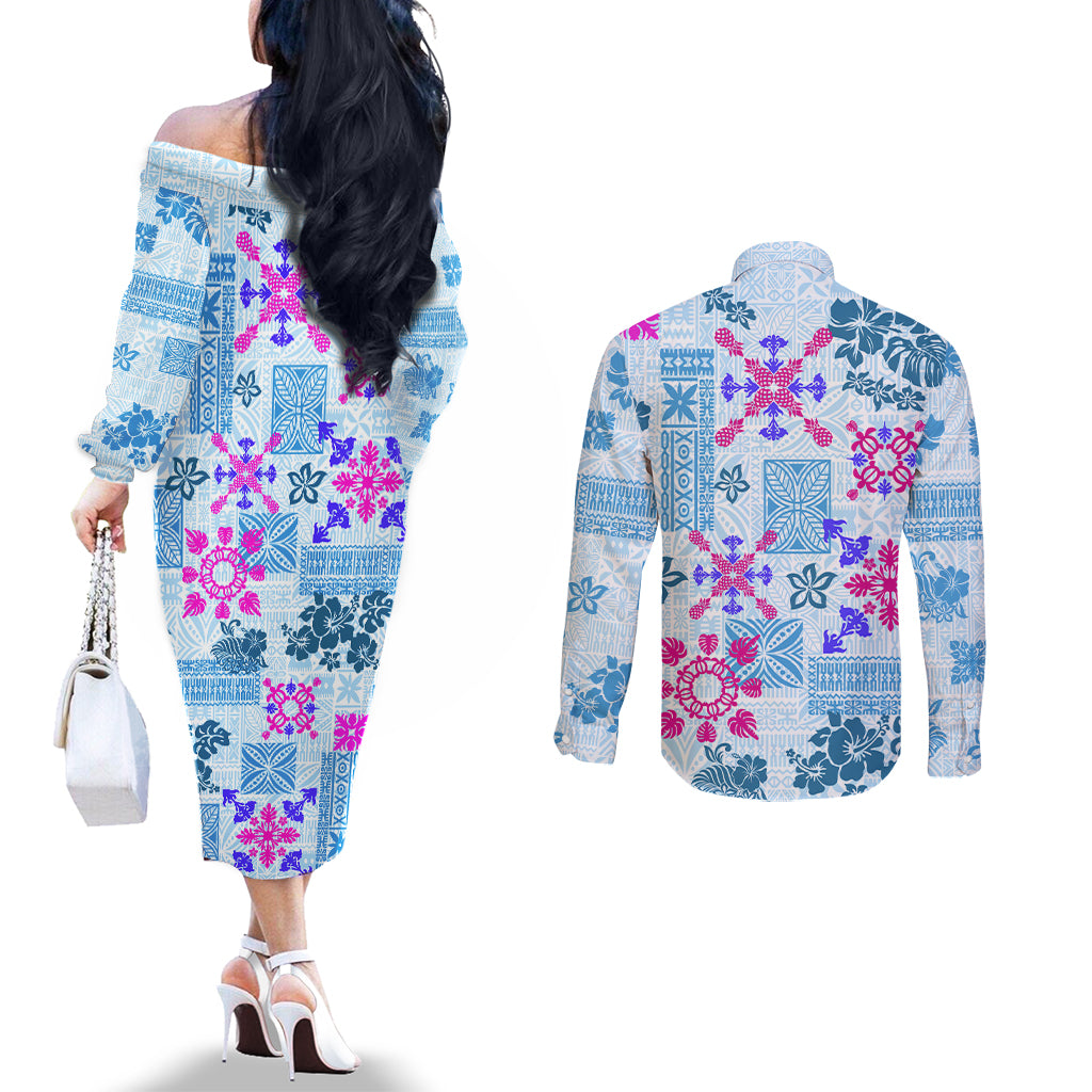 hawaii-tapa-tribal-couples-matching-off-the-shoulder-long-sleeve-dress-and-long-sleeve-button-shirt-with-hawaiian-quilt-pattern-blue