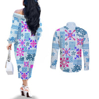 hawaii-tapa-tribal-couples-matching-off-the-shoulder-long-sleeve-dress-and-long-sleeve-button-shirt-with-hawaiian-quilt-pattern-blue