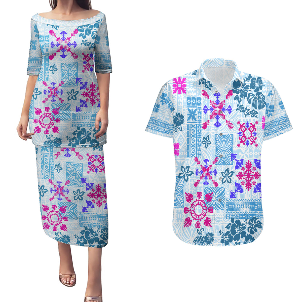 Hawaii Tapa Tribal Couples Matching Puletasi Dress and Hawaiian Shirt With Hawaiian Quilt Pattern Blue LT9 - Wonder Print Shop