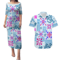 Hawaii Tapa Tribal Couples Matching Puletasi Dress and Hawaiian Shirt With Hawaiian Quilt Pattern Blue LT9 - Wonder Print Shop