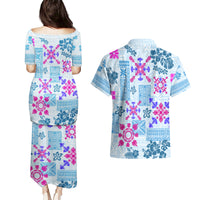 Hawaii Tapa Tribal Couples Matching Puletasi Dress and Hawaiian Shirt With Hawaiian Quilt Pattern Blue LT9 - Wonder Print Shop