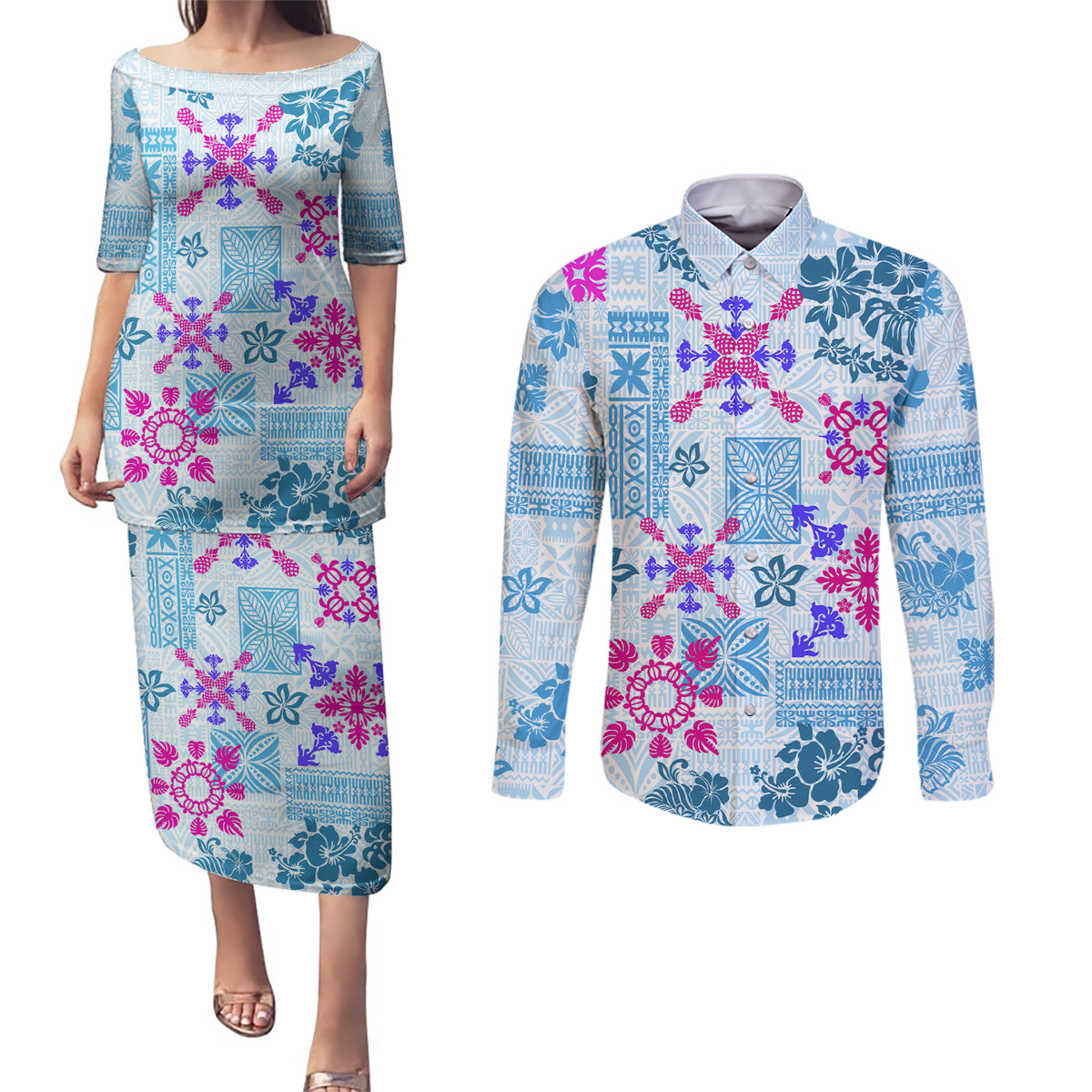 Hawaii Tapa Tribal Couples Matching Puletasi Dress and Long Sleeve Button Shirt With Hawaiian Quilt Pattern Blue LT9 - Wonder Print Shop