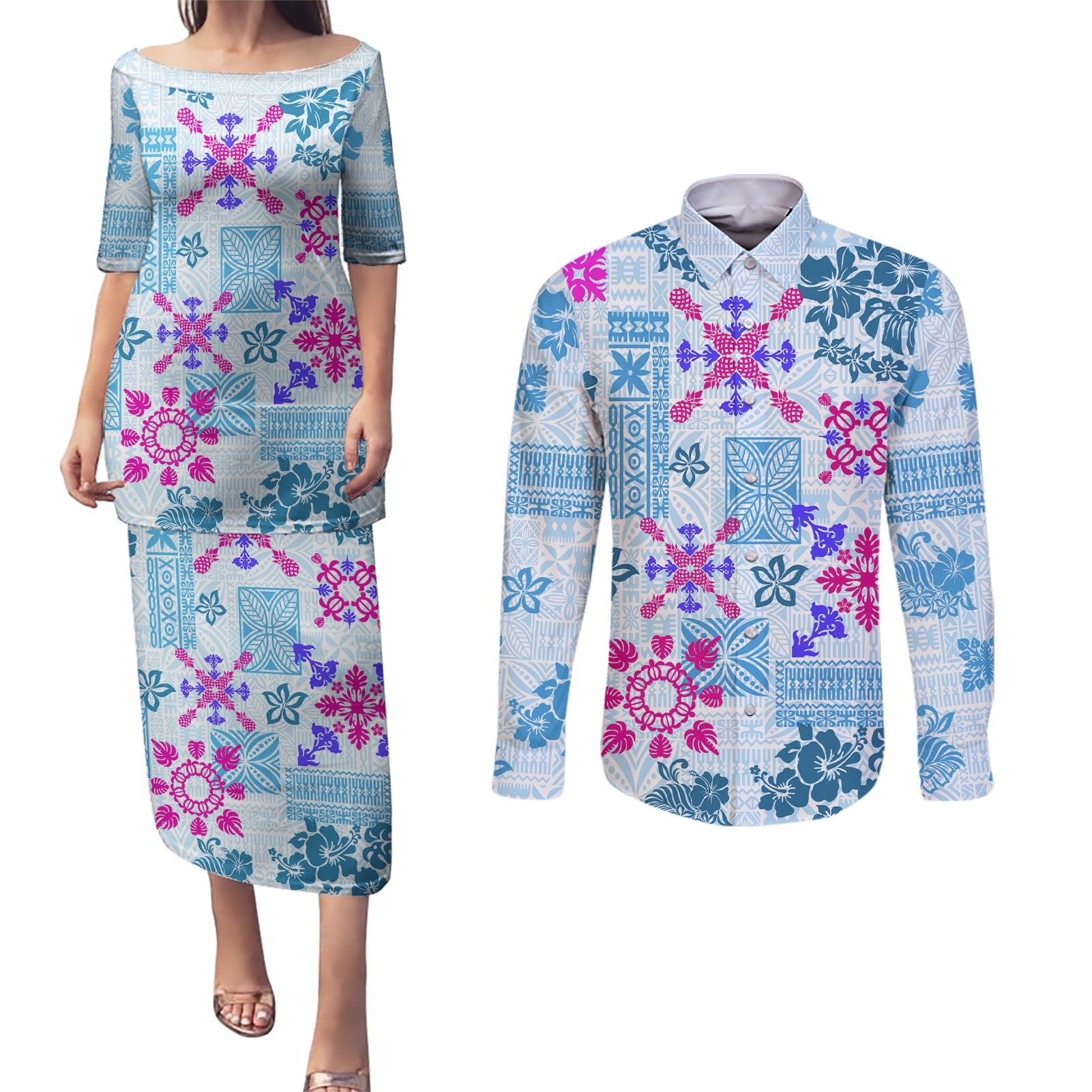 Hawaii Tapa Tribal Couples Matching Puletasi Dress and Long Sleeve Button Shirt With Hawaiian Quilt Pattern Blue LT9 - Wonder Print Shop