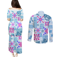 Hawaii Tapa Tribal Couples Matching Puletasi Dress and Long Sleeve Button Shirt With Hawaiian Quilt Pattern Blue LT9 - Wonder Print Shop