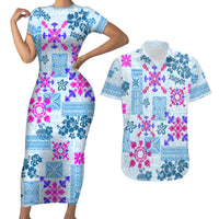 Hawaii Tapa Tribal Couples Matching Short Sleeve Bodycon Dress and Hawaiian Shirt With Hawaiian Quilt Pattern Blue LT9 - Wonder Print Shop