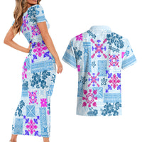 Hawaii Tapa Tribal Couples Matching Short Sleeve Bodycon Dress and Hawaiian Shirt With Hawaiian Quilt Pattern Blue LT9 - Wonder Print Shop