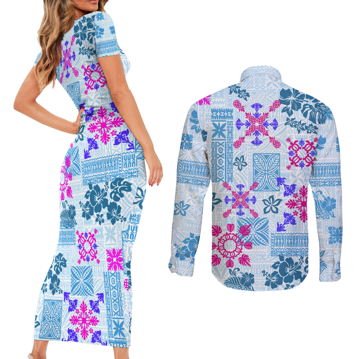 Hawaii Tapa Tribal Couples Matching Short Sleeve Bodycon Dress and Long Sleeve Button Shirt With Hawaiian Quilt Pattern Blue LT9 - Wonder Print Shop