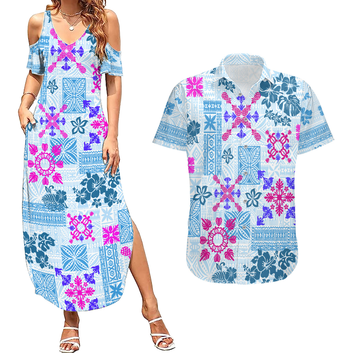 Hawaii Tapa Tribal Couples Matching Summer Maxi Dress and Hawaiian Shirt With Hawaiian Quilt Pattern Blue LT9 - Wonder Print Shop