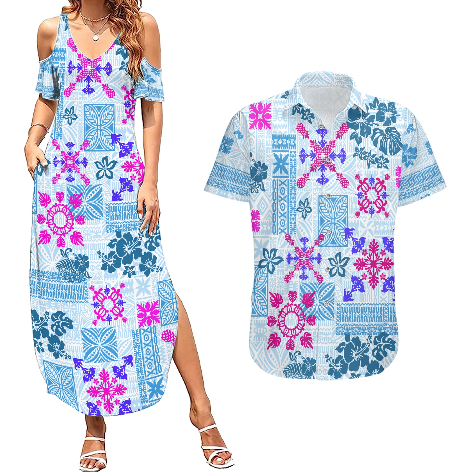 Hawaii Tapa Tribal Couples Matching Summer Maxi Dress and Hawaiian Shirt With Hawaiian Quilt Pattern Blue LT9 - Wonder Print Shop