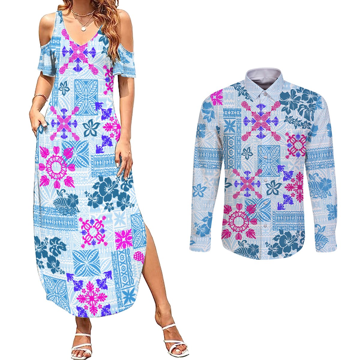 Hawaii Tapa Tribal Couples Matching Summer Maxi Dress and Long Sleeve Button Shirt With Hawaiian Quilt Pattern Blue LT9 - Wonder Print Shop