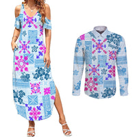 Hawaii Tapa Tribal Couples Matching Summer Maxi Dress and Long Sleeve Button Shirt With Hawaiian Quilt Pattern Blue LT9 - Wonder Print Shop