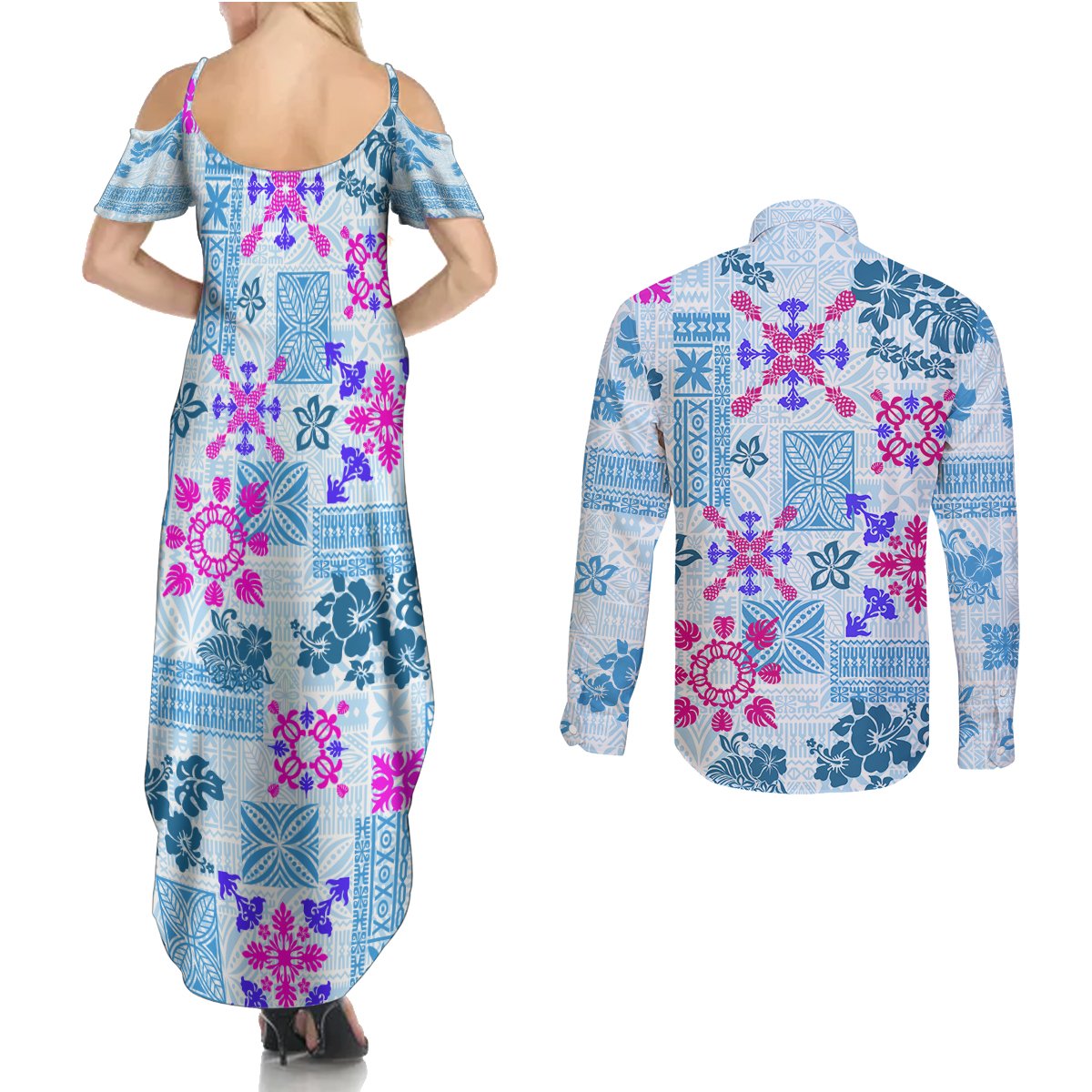 Hawaii Tapa Tribal Couples Matching Summer Maxi Dress and Long Sleeve Button Shirt With Hawaiian Quilt Pattern Blue LT9 - Wonder Print Shop