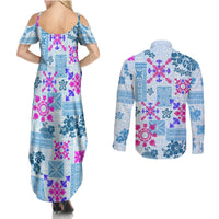 Hawaii Tapa Tribal Couples Matching Summer Maxi Dress and Long Sleeve Button Shirt With Hawaiian Quilt Pattern Blue LT9 - Wonder Print Shop