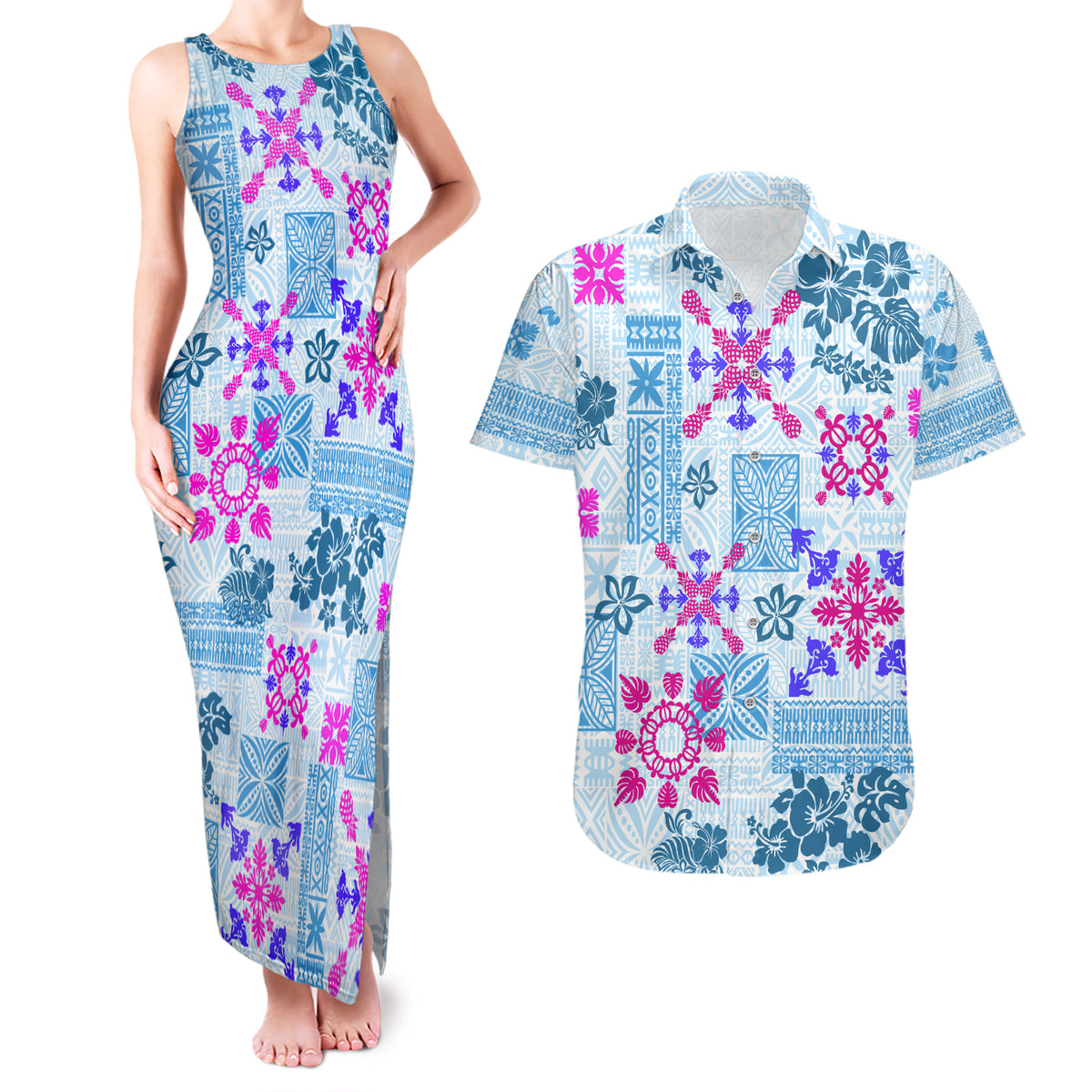 Hawaii Tapa Tribal Couples Matching Tank Maxi Dress and Hawaiian Shirt With Hawaiian Quilt Pattern Blue LT9 - Wonder Print Shop