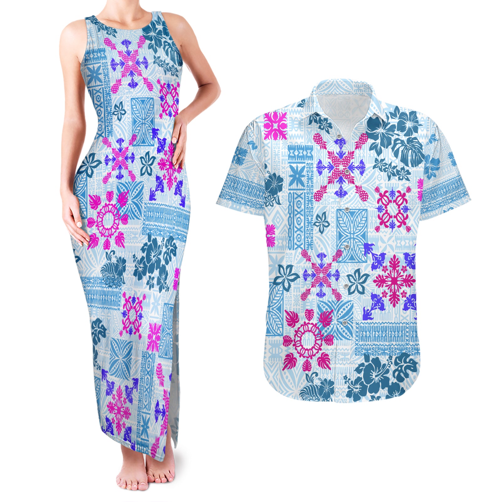 Hawaii Tapa Tribal Couples Matching Tank Maxi Dress and Hawaiian Shirt With Hawaiian Quilt Pattern Blue LT9 - Wonder Print Shop