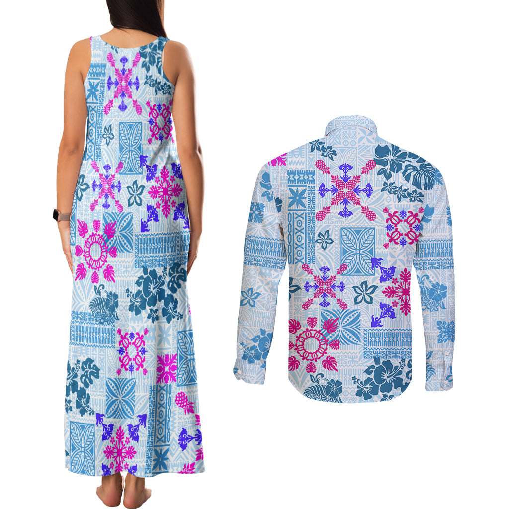 Hawaii Tapa Tribal Couples Matching Tank Maxi Dress and Long Sleeve Button Shirt With Hawaiian Quilt Pattern Blue LT9 - Wonder Print Shop