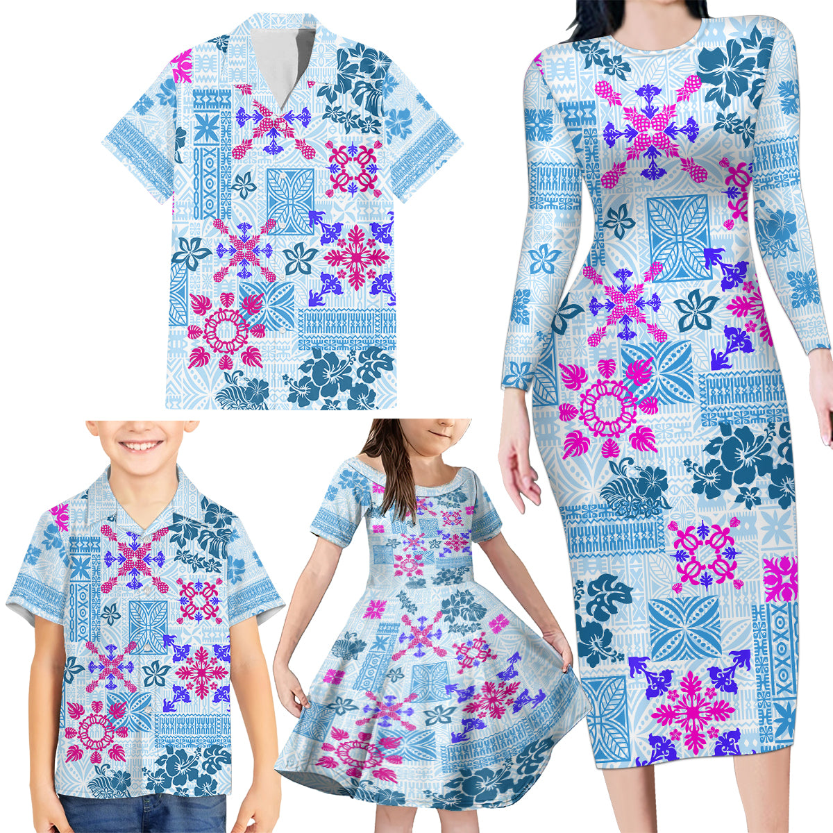 Hawaii Tapa Tribal Family Matching Long Sleeve Bodycon Dress and Hawaiian Shirt With Hawaiian Quilt Pattern Blue LT9 - Wonder Print Shop