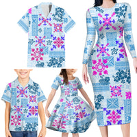 Hawaii Tapa Tribal Family Matching Long Sleeve Bodycon Dress and Hawaiian Shirt With Hawaiian Quilt Pattern Blue LT9 - Wonder Print Shop