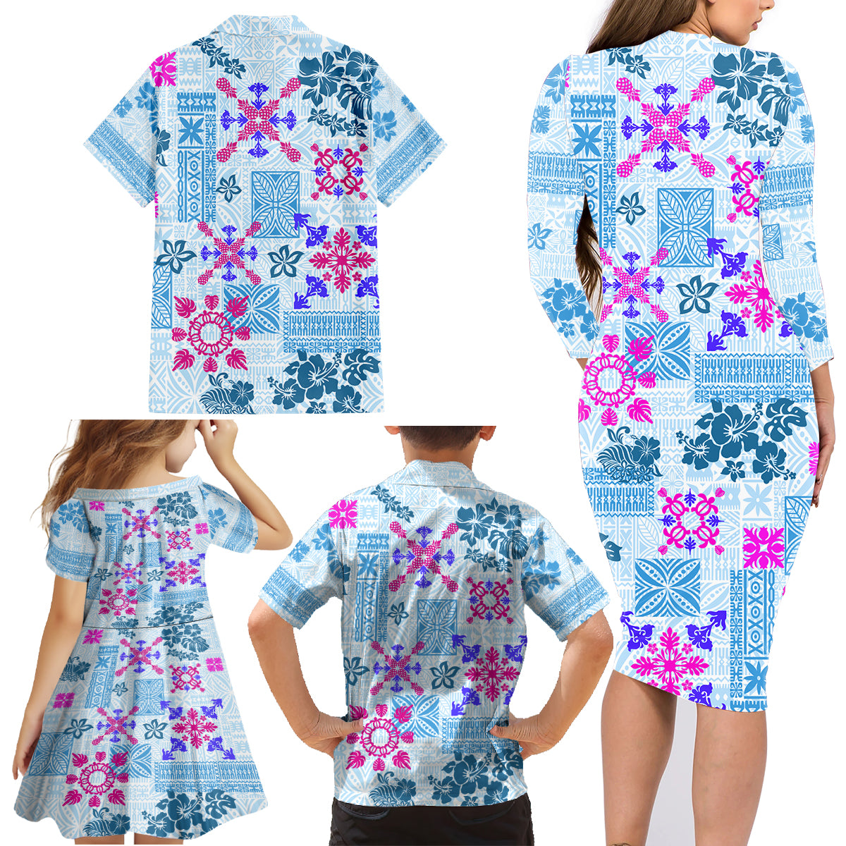Hawaii Tapa Tribal Family Matching Long Sleeve Bodycon Dress and Hawaiian Shirt With Hawaiian Quilt Pattern Blue LT9 - Wonder Print Shop