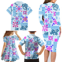 Hawaii Tapa Tribal Family Matching Long Sleeve Bodycon Dress and Hawaiian Shirt With Hawaiian Quilt Pattern Blue LT9 - Wonder Print Shop