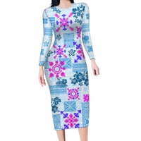 Hawaii Tapa Tribal Family Matching Long Sleeve Bodycon Dress and Hawaiian Shirt With Hawaiian Quilt Pattern Blue LT9 - Wonder Print Shop