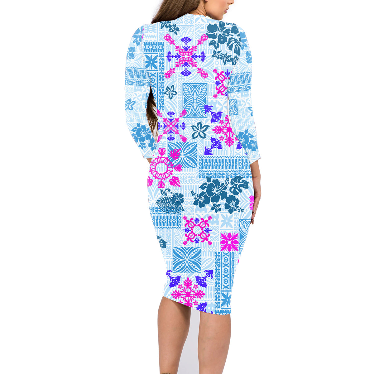 Hawaii Tapa Tribal Family Matching Long Sleeve Bodycon Dress and Hawaiian Shirt With Hawaiian Quilt Pattern Blue LT9 - Wonder Print Shop