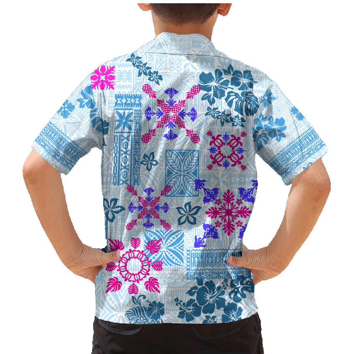 Hawaii Tapa Tribal Family Matching Mermaid Dress and Hawaiian Shirt With Hawaiian Quilt Pattern Blue LT9 - Wonder Print Shop