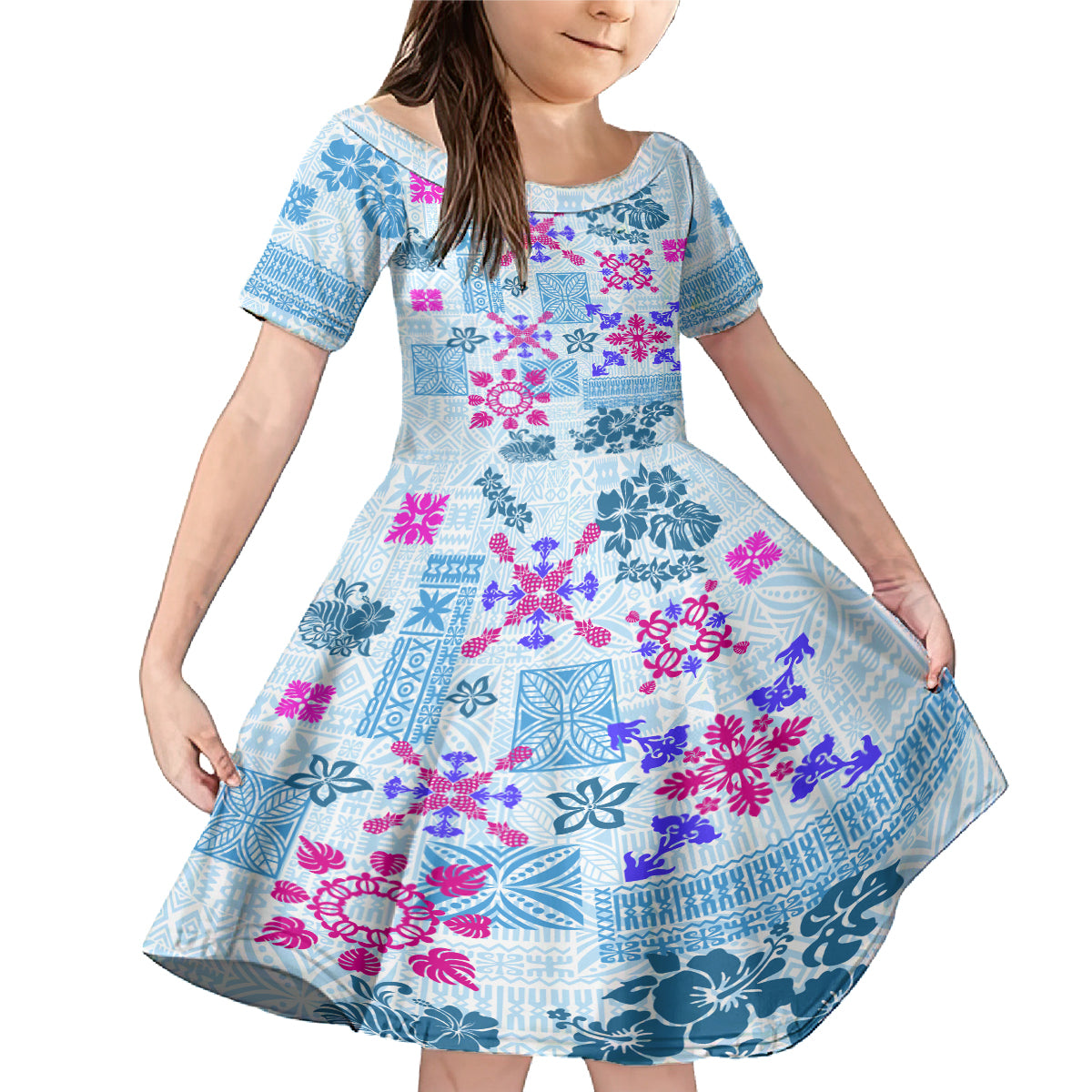Hawaii Tapa Tribal Family Matching Mermaid Dress and Hawaiian Shirt With Hawaiian Quilt Pattern Blue LT9 - Wonder Print Shop
